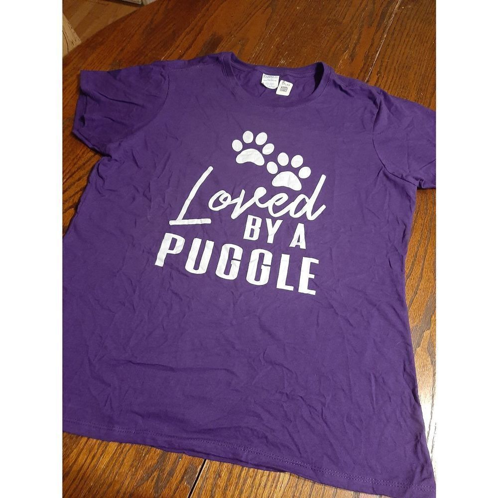 New XL Purple White Loved By A Puggle Port & Co Cotton Short Sleeve Tee Tshirt T